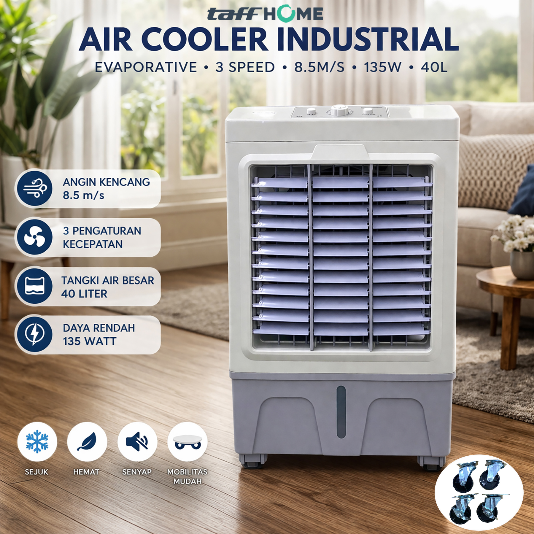 TaffHOME Kipas Air Cooler Industrial Pendingin 3 Speed 8.5m/s 135W 40L - 5000 Gambar produk TaffHOME Kipas Air Cooler Industrial Pendingin 3 Speed 8.5m/s 135W 40L - 5000