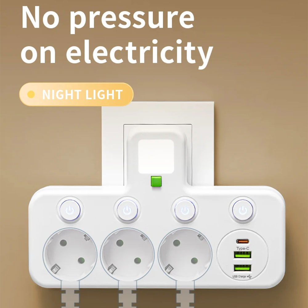 Gambar produk Taffware Stop Kontak LED Light USB Type C EU Plug 8A 250V 2200W 4 Soket - EU-8630UL