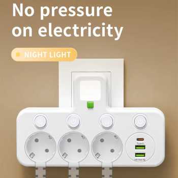 Gambar produk Taffware Stop Kontak LED Light USB Type C EU Plug 8A 250V 2200W 4 Soket - EU-8630UL