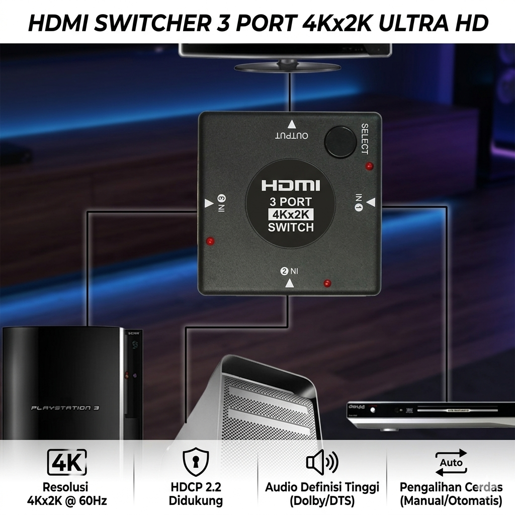 Elistooop HDMI Switcher 3 Port High Definition 4Kx2K - 8075 Gambar produk Elistooop HDMI Switcher 3 Port High Definition 4Kx2K - 8075