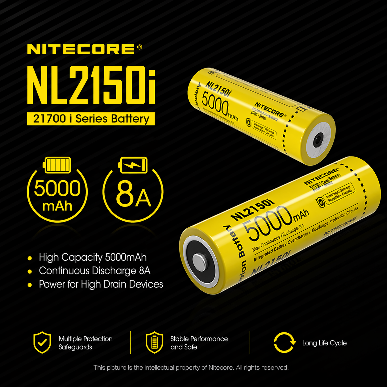 Gambar produk NITECORE Baterai Isi ulang 21700 Li-Ion Button Top 5000mAh 3.6V 1 PCS - NL2150i