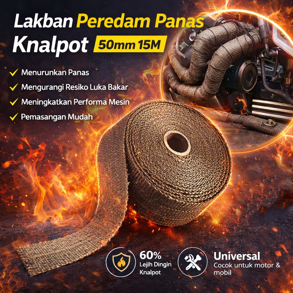 AKAPOV Lakban Peredam Panas Knalpot 1.5mm Exhaust Wrap 15M 50mm - KP15 Gambar produk AKAPOV Lakban Peredam Panas Knalpot 1.5mm Exhaust Wrap 15M 50mm - KP15