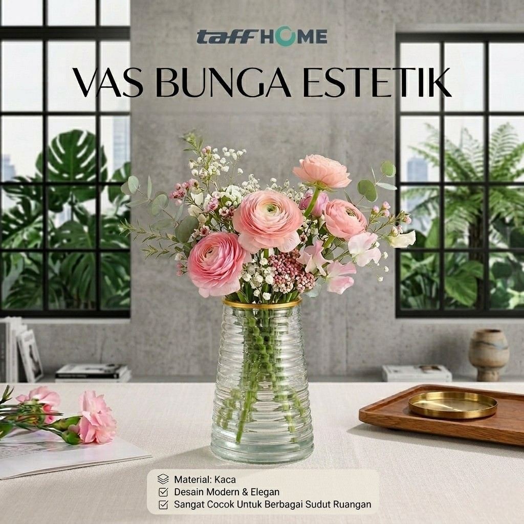 Gambar produk TaffHOME Vas Bunga Kaca Silinder Corrugated Nordic Simple Glass Vase - QT072
