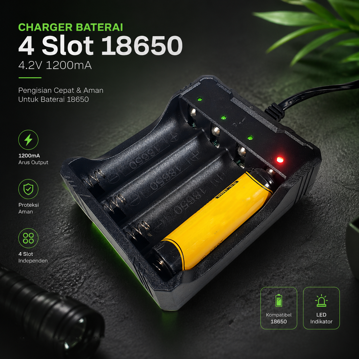 Hong Dong Charger Baterai 4 Slot 18650 Li-Ion LED Light 4.2V 1200mA - MS-404A Gambar produk Hong Dong Charger Baterai 4 Slot 18650 Li-Ion LED Light 4.2V 1200mA - MS-404A - Utama