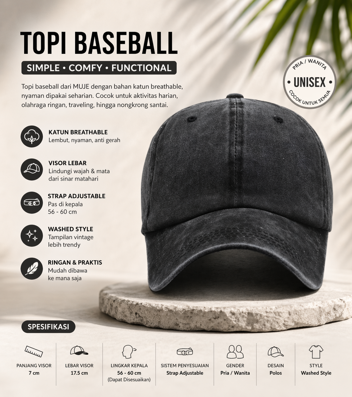 MUJE Topi Baseball Cap Polos Adjustable Breathable Washed Style - F250 Gambar produk MUJE Topi Baseball Cap Polos Adjustable Breathable Washed Style - F250 - 1