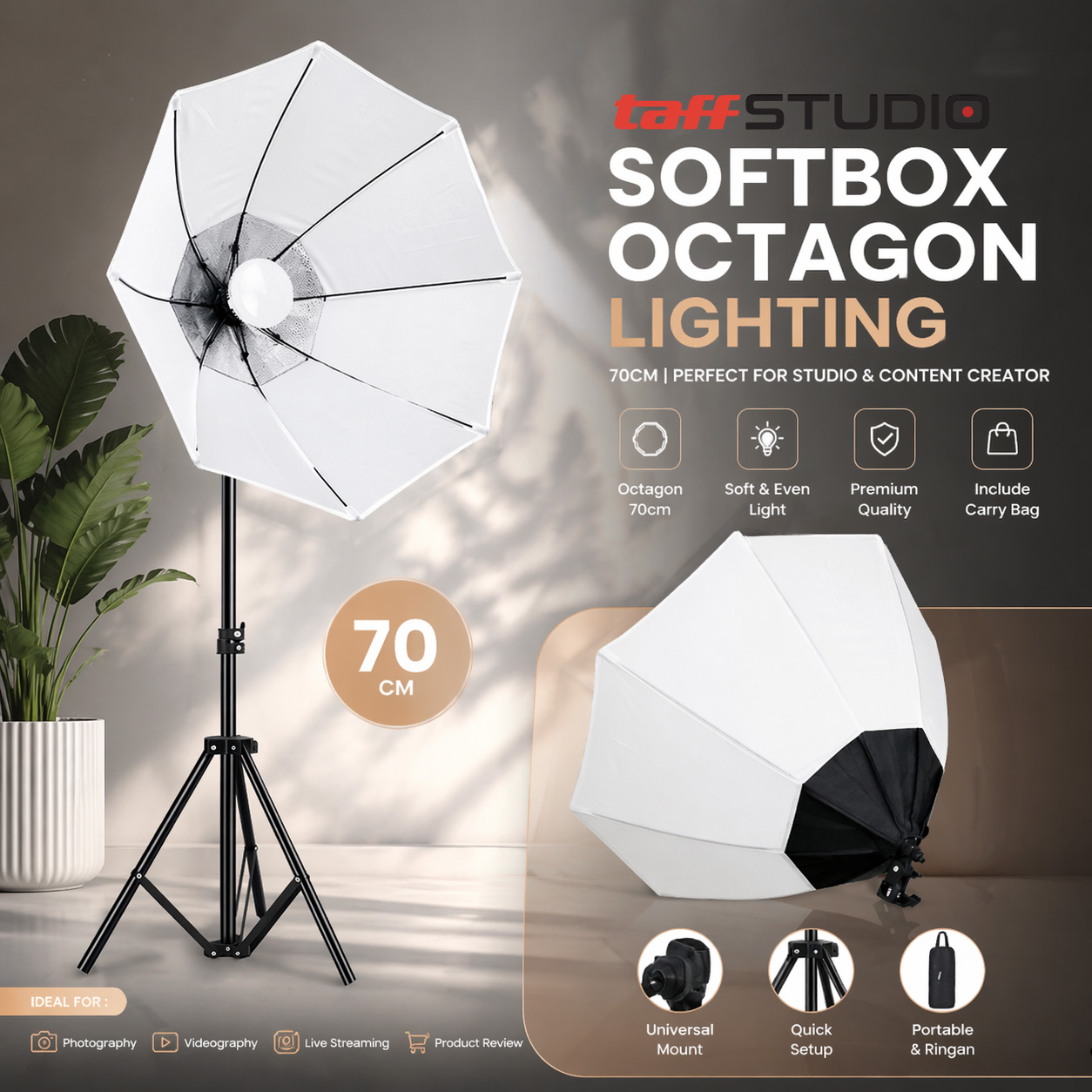 Gambar produk TaffSTUDIO Payung Softbox Lighting Octagon Single Socket 70cm E27 Softbox Only - SL57 - Utama
