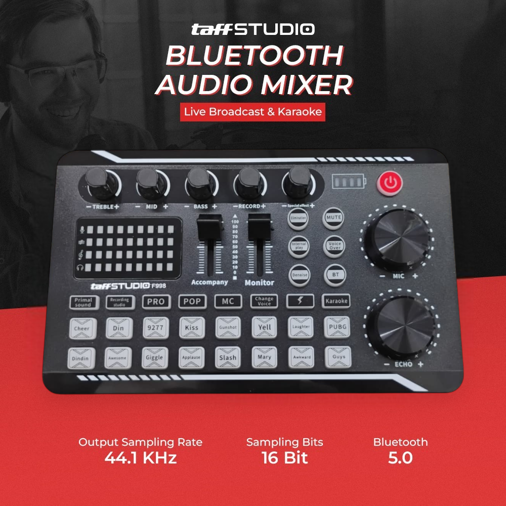 TaffSTUDIO Pro Audio Bluetooth Mixer Sound Card Live Broadcast Karaoke - F998 Gambar produk TaffSTUDIO Pro Audio Bluetooth Mixer Sound Card Live Broadcast Karaoke - F998