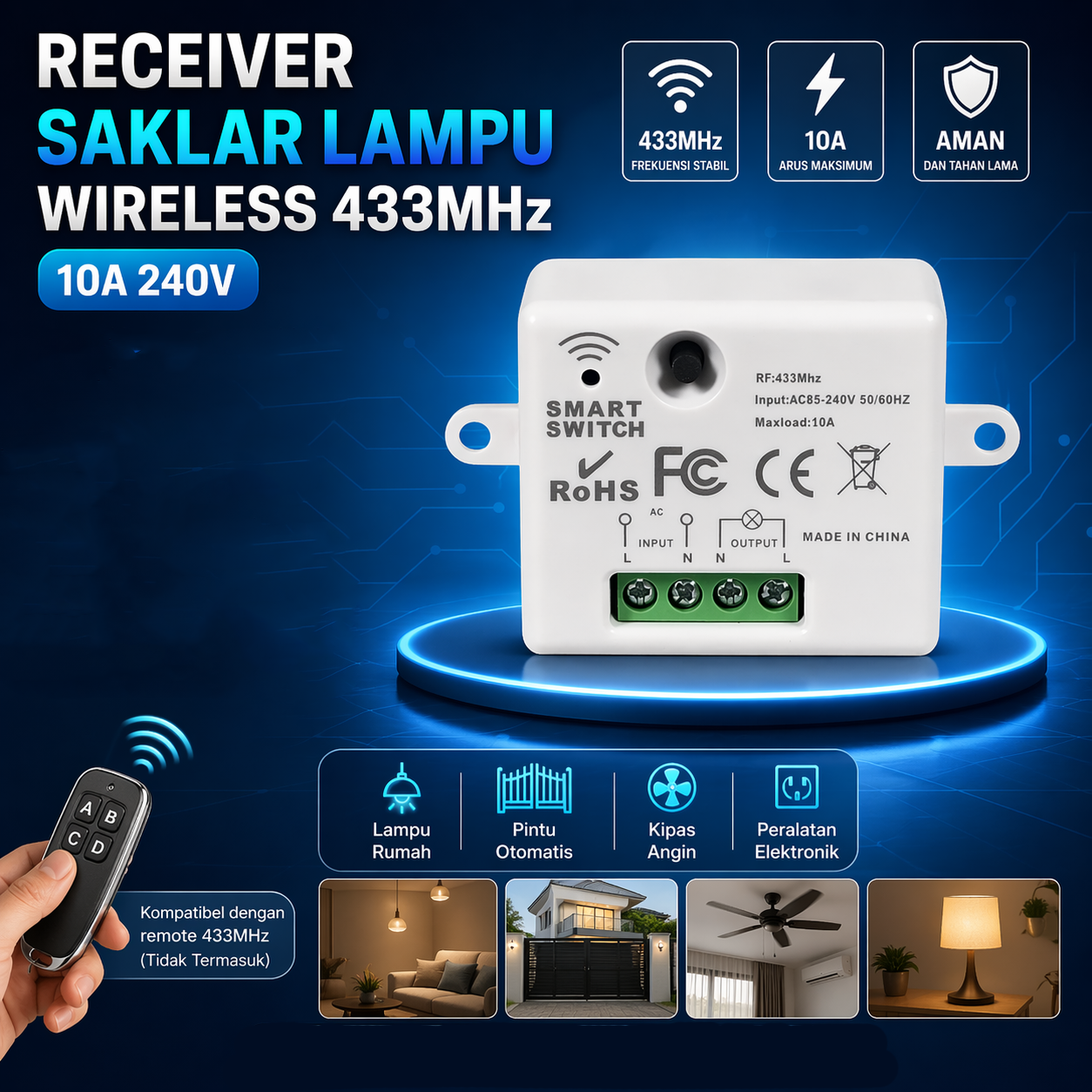 QINICI Receiver Saklar Lampu Wireless 433MHz 10A 240V - QC-44 Gambar produk QINICI Receiver Saklar Lampu Wireless 433MHz 10A 240V - QC-44 - Utama