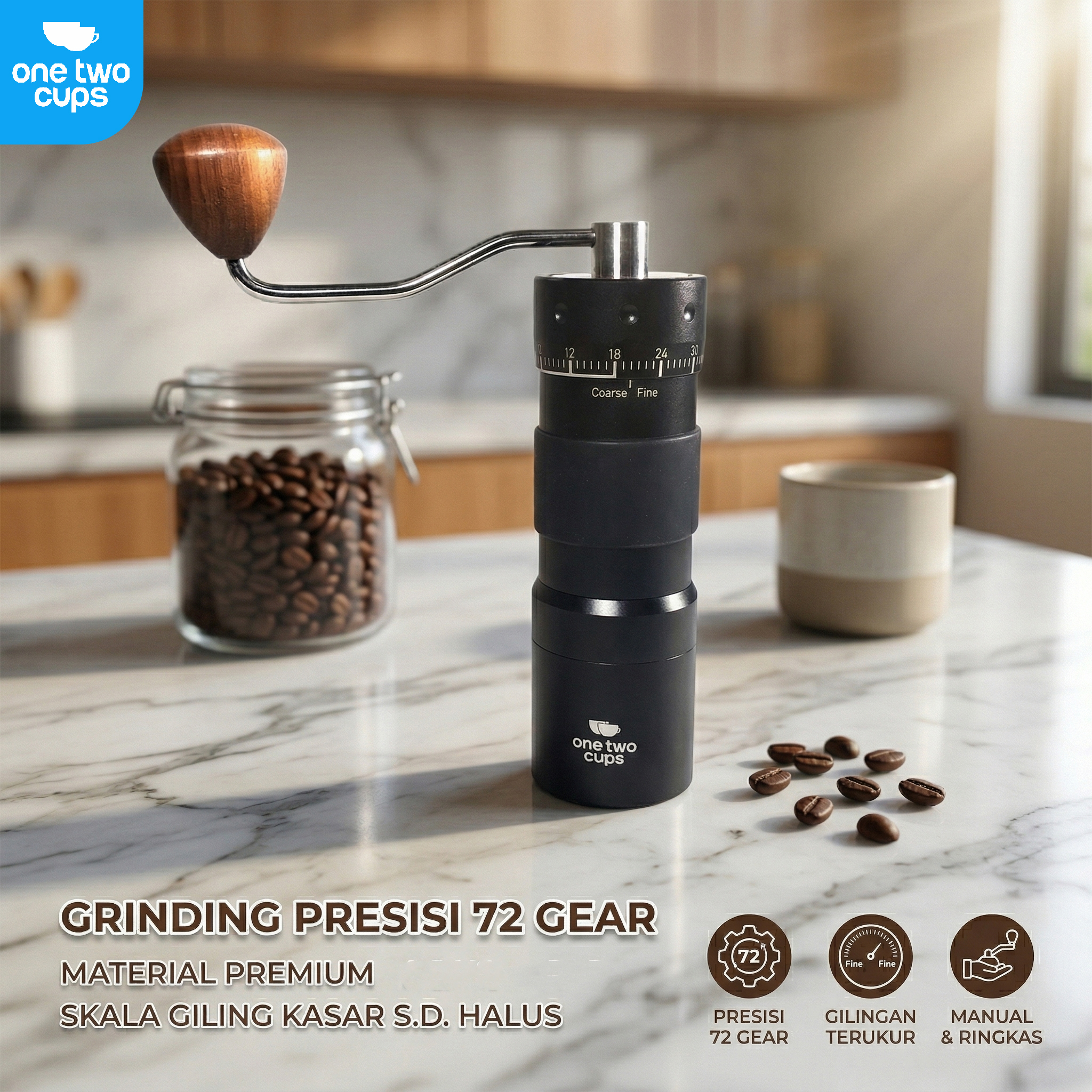 One Two Cups Alat Penggiling Kopi Manual Coffee Grinder 72 Gear - R50 Gambar produk One Two Cups Alat Penggiling Kopi Manual Coffee Grinder 72 Gear - R50