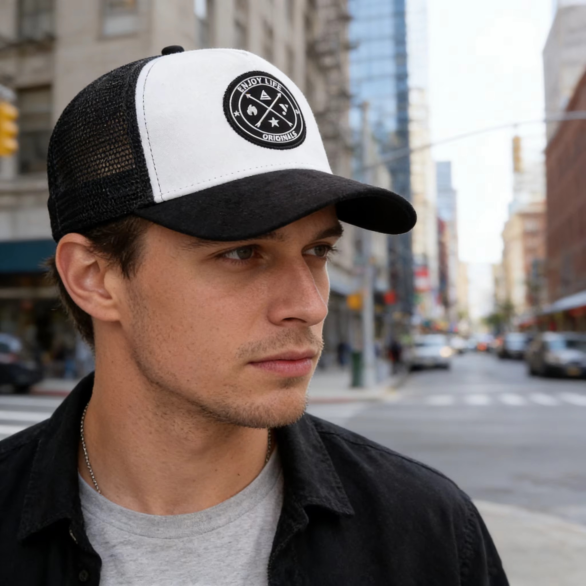 GUDIY Topi Trucker Jaring Mesh Hat Suede Enjoy Life Patch - T100 Gambar produk GUDIY Topi Trucker Jaring Mesh Hat Suede Enjoy Life Patch - T100