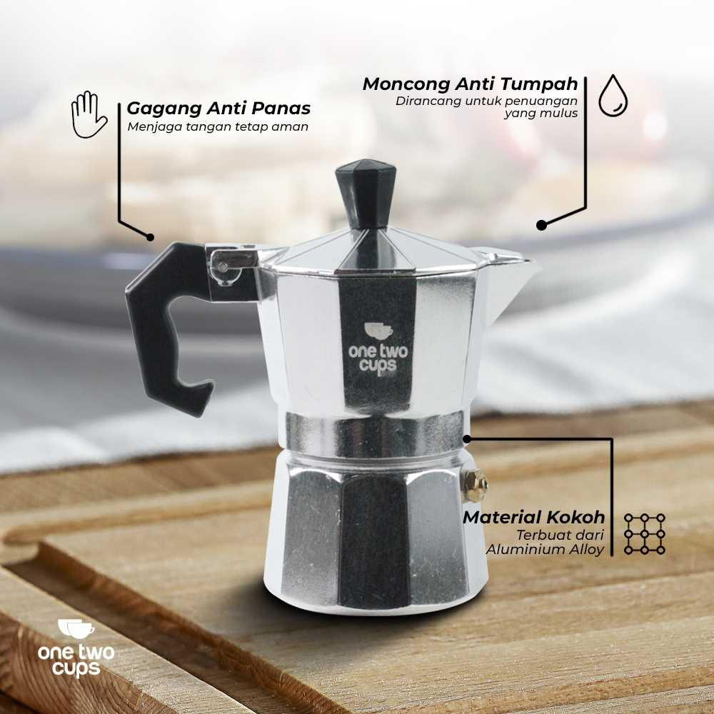 One Two Cups Moka Pot Teko Kopi Espresso Coffee Maker Stovetop 1 Cup 50ml - MX001 Gambar produk One Two Cups Moka Pot Teko Kopi Espresso Coffee Maker Stovetop 1 Cup 50ml - MX001