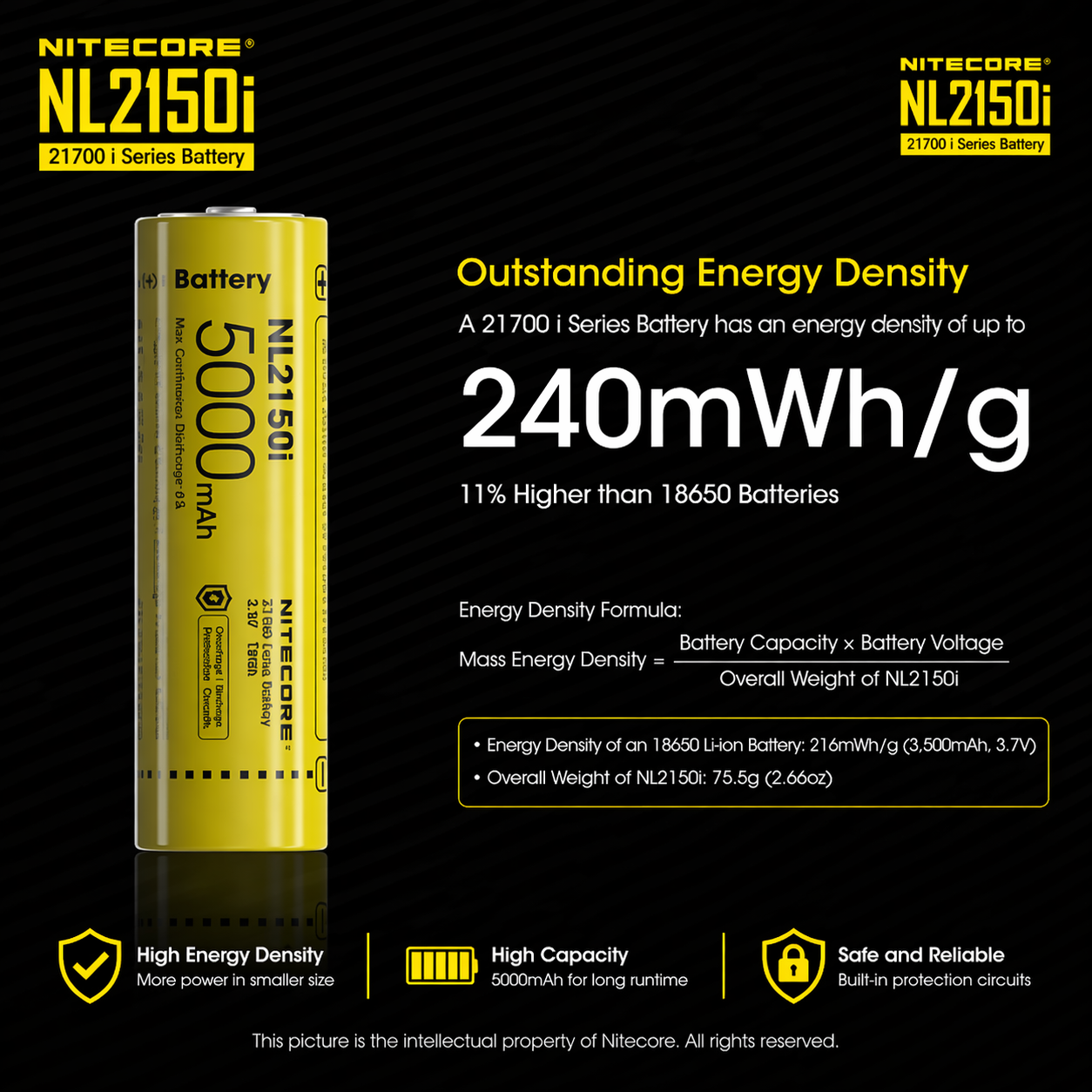 Gambar produk NITECORE Baterai Isi ulang 21700 Li-Ion Button Top 5000mAh 3.6V 1 PCS - NL2150i