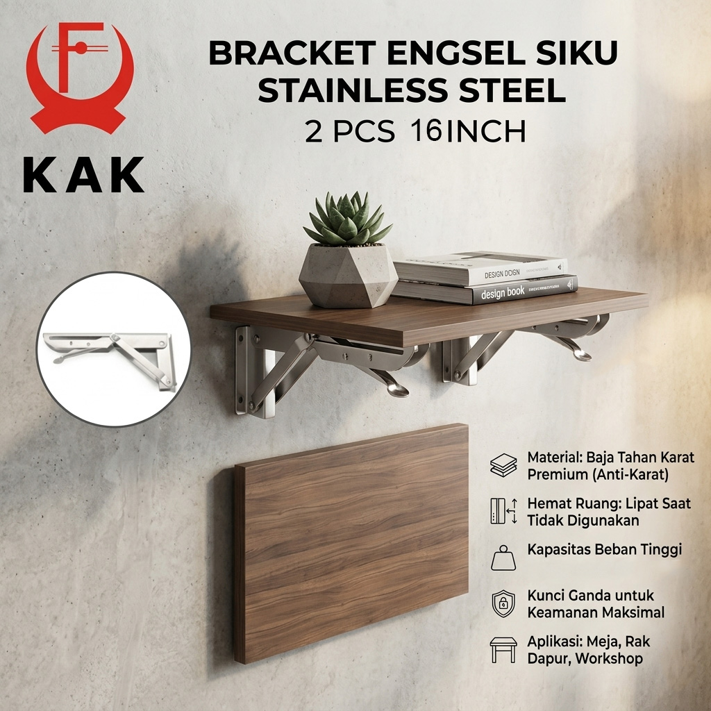 KAK Bracket Engsel Siku Folding Stainless Steel 2 PCS 16 Inch - KAK-6113 Gambar produk KAK Bracket Engsel Siku Folding Stainless Steel 2 PCS 16 Inch - KAK-6113 - Utama