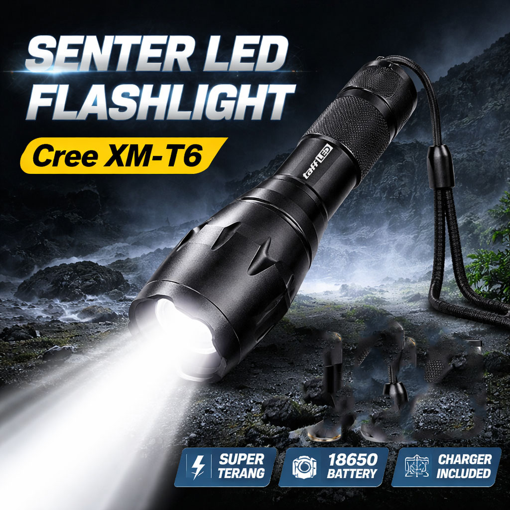 TaffLED Senter LED Flashlight Cree XM-T6 with Baterai dan Charger - E17 Gambar produk TaffLED Senter LED Flashlight Cree XM-T6 with Baterai dan Charger - E17