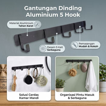 HARKO Gantungan Dinding Tempel Waterproof 5 Hook Aluminium - HR5