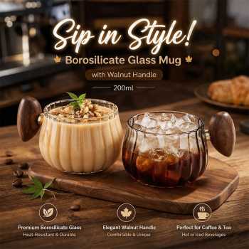 Bincoo Gelas Kopi Teh Kaca Borosilikat Walnut Handle Maple Leaf 200ml - BC200