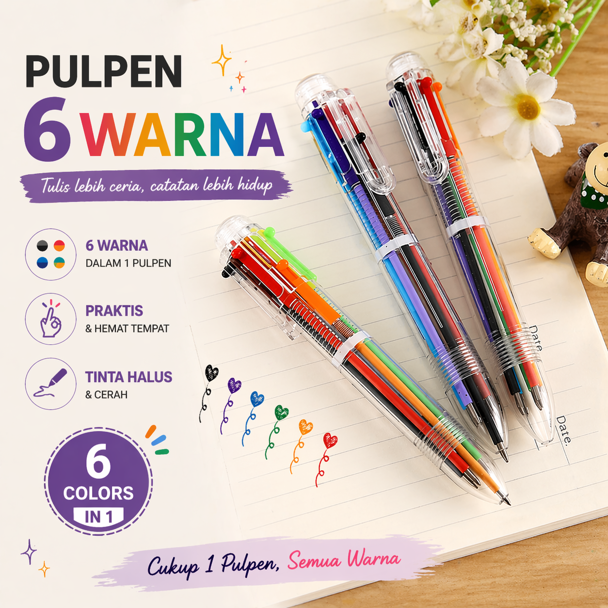 Gambar produk Pulpen 6 Warna Bolpoin Warna Multicolor untuk Sekolah dan Kantor - Utama