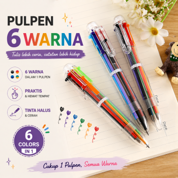 Gambar produk Pulpen 6 Warna Bolpoin Warna Multicolor untuk Sekolah dan Kantor
