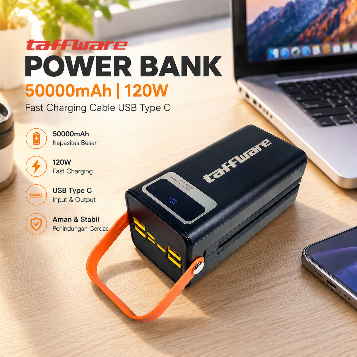 Gambar produk Taffware Power Bank Fast Charging Cable USB Type C 50000mAh 120W - KP502