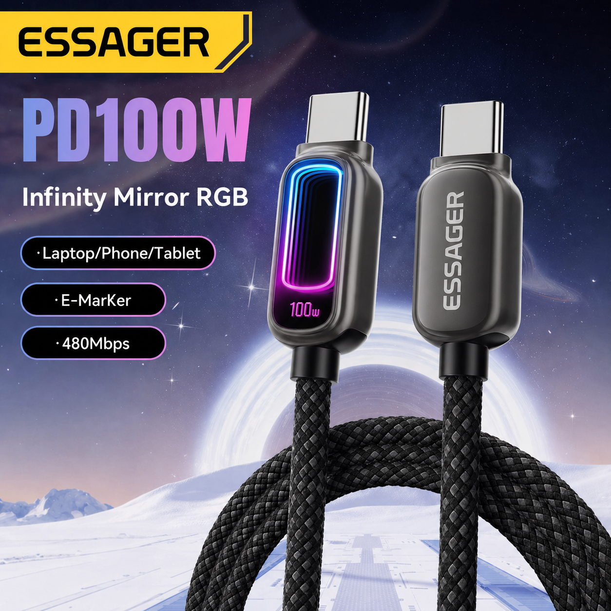 Gambar produk ESSAGER Kabel Data Type C to Type C Fast Charging PD QC 3.1 5A 100W 1M - ES-X81