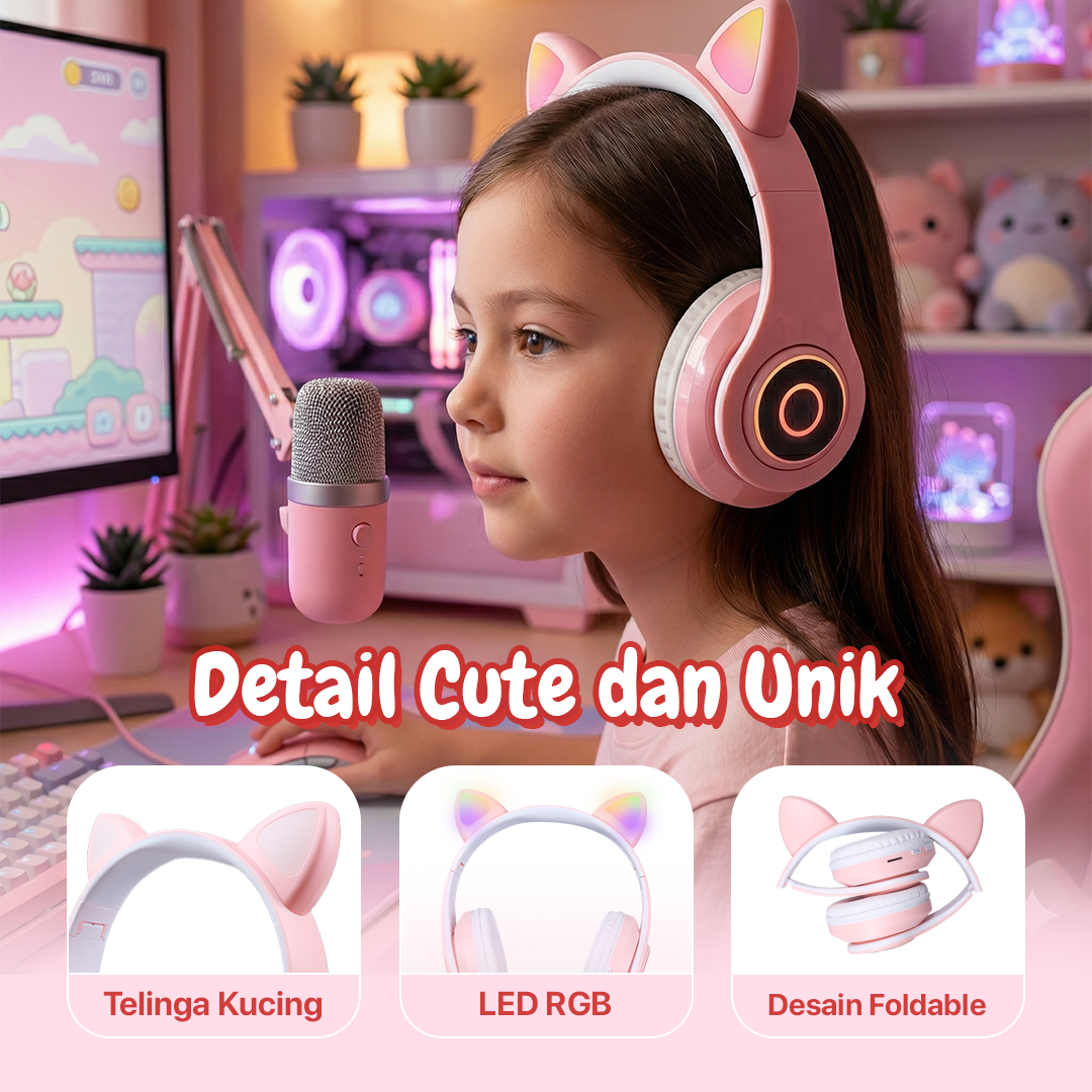 RLoop Headphone Bluetooth 5.0 Cute Cat Ear LED RGB TF Port 400mAh - LX-B39A Gambar produk RLoop Headphone Bluetooth 5.0 Cute Cat Ear LED RGB TF Port 400mAh - LX-B39A