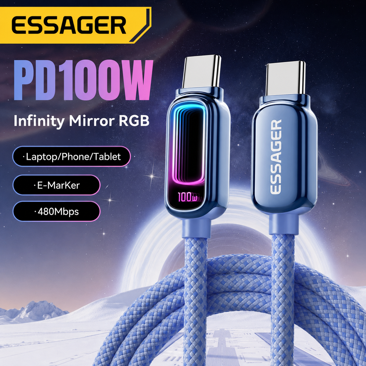 Gambar produk ESSAGER Kabel Data Type C to Type C Fast Charging PD QC 3.1 5A 100W 1M - ES-X81