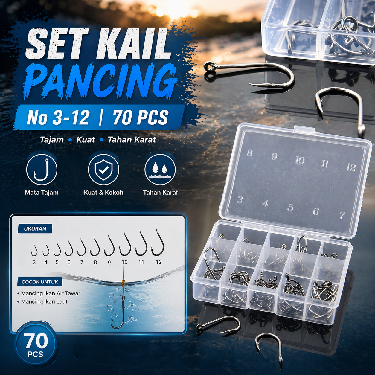 TaffSPORT Set Mata Kail Pancing No 3-12 J Hook Tajam 70 PCS with Box - 94151-BE Gambar produk TaffSPORT Set Mata Kail Pancing No 3-12 J Hook Tajam 70 PCS with Box - 94151-BE - Utama