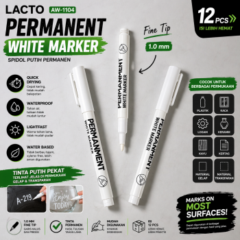 LACTO Spidol Putih Permanen Waterproof Marker Quick Dry 1.0mm 12 PCS - AW-1104