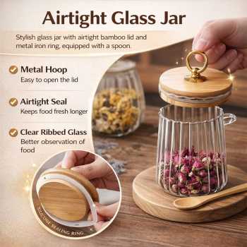 Gambar produk ECHOU Toples Kaca Borosilikat Vintage Wooden with Spoon Storage Jar 650ml - ECH-145