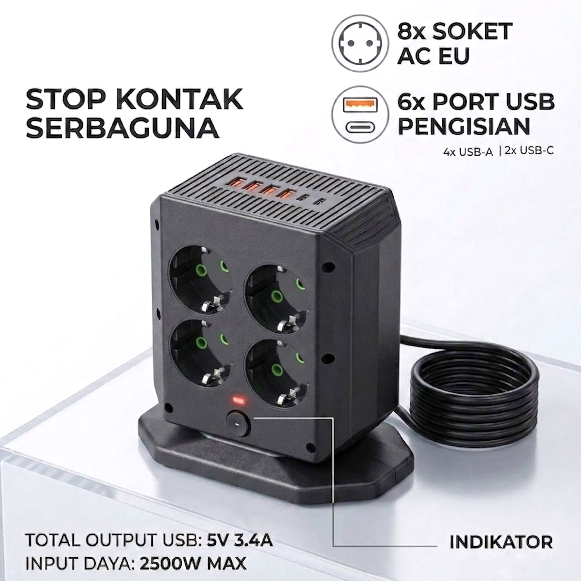 Gambar produk QIOMAN Stop Kontak Kabel 8 Soket EU USB Type C 3.4A 5V 2500W - A105