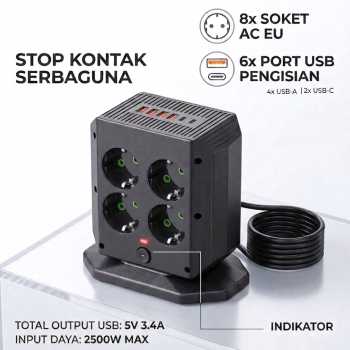QIOMAN Stop Kontak Kabel 8 Soket EU USB Type C 3.4A 5V 2500W - A105