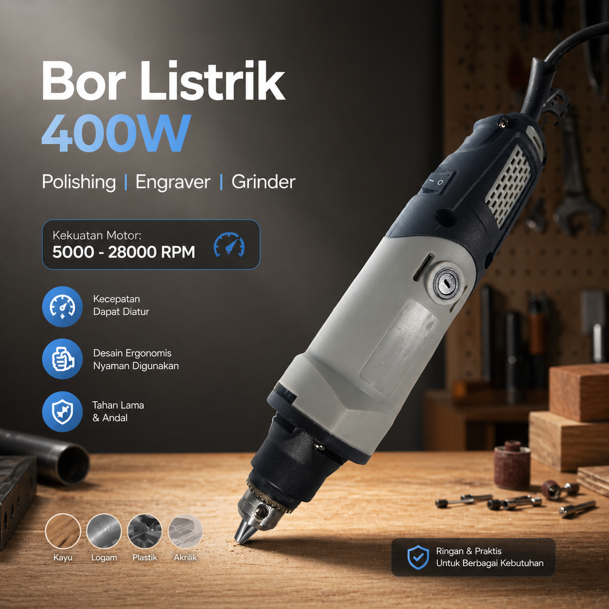 Gambar produk HILDA Bor Listrik Mini Electric Drill Polishing Engraver Grinder 400W - MD400 - Utama