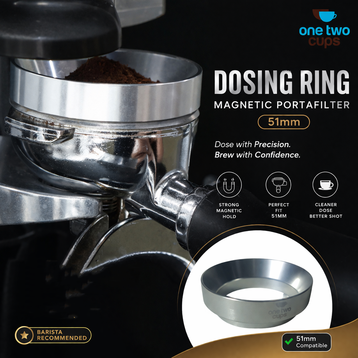 Gambar produk One Two Cups Dosing Ring Portafilter Espresso Aluminium Magnetic 51mm - AR5 - Utama