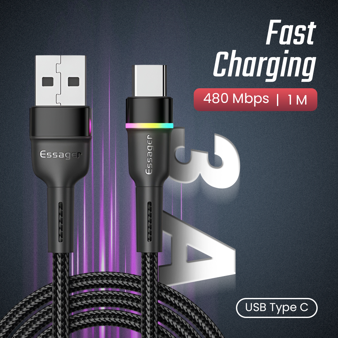 ESSAGER Kabel Data USB A to USB Type C Fast Charging Braided LED 3A 1M - ES-X17 Gambar produk ESSAGER Kabel Data USB A to USB Type C Fast Charging Braided LED 3A 1M - ES-X17