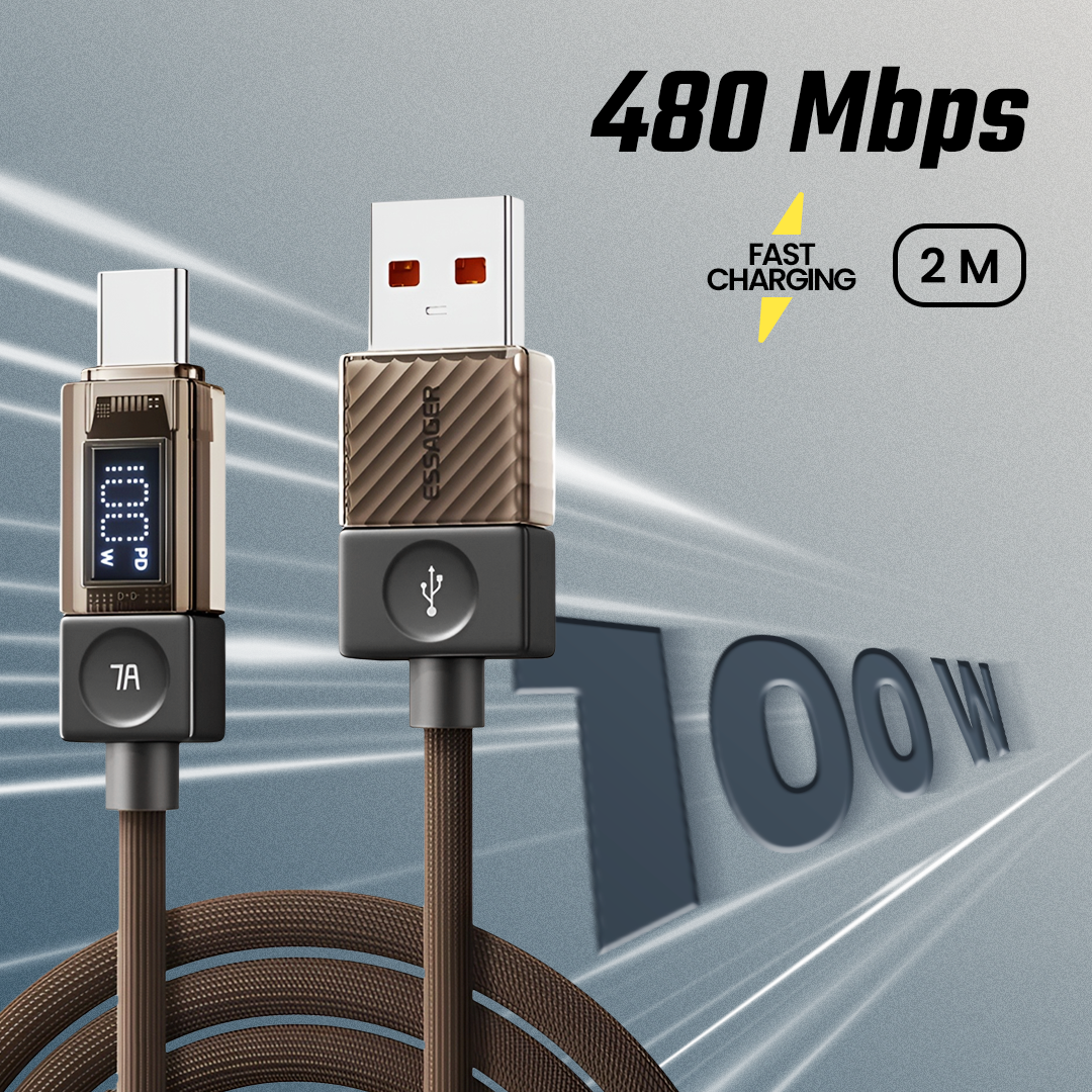 Gambar produk ESSAGER Kabel Data USB Type C Fast Charging LED Display 7A 100W 2M - ES-X76