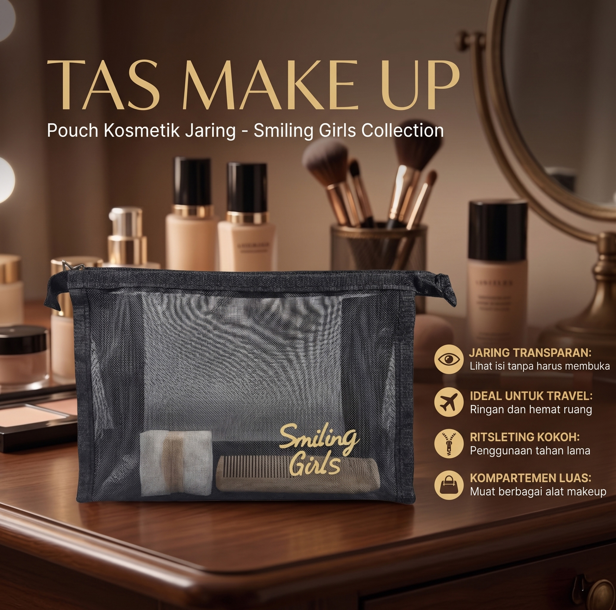 Smiling Girl Tas Make Up Kosmetik Transparent Mesh Briefcase Bag - SMG4 Gambar produk Smiling Girl Tas Make Up Kosmetik Transparent Mesh Briefcase Bag - SMG4 - Utama