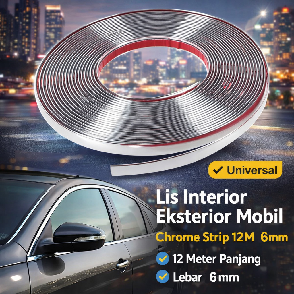 Gambar produk PIN SU Lis Dekorasi Interior Eksterior Mobil Chrome Strip 12M 6mm - YH - Utama