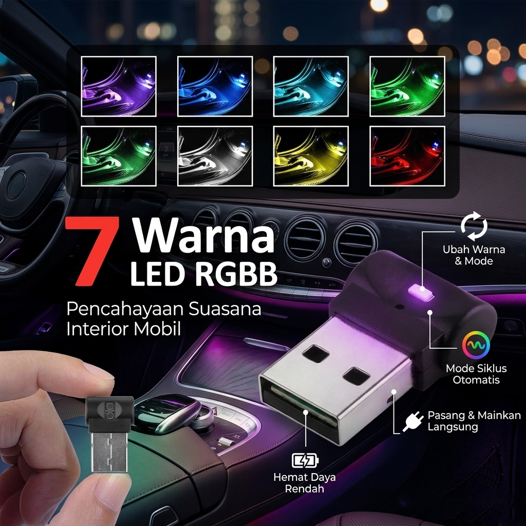 Gambar produk Isincer Lampu LED RGB Mini USB Mobil Car Interior Light 7 Color - IS504