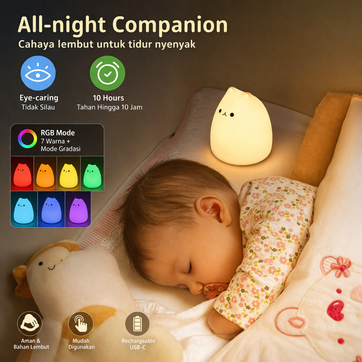 Gambar produk Little Cat Lampu Tidur LED Model Cute Cat RGB 5 Color 0.3W 4.5V - LJC-124