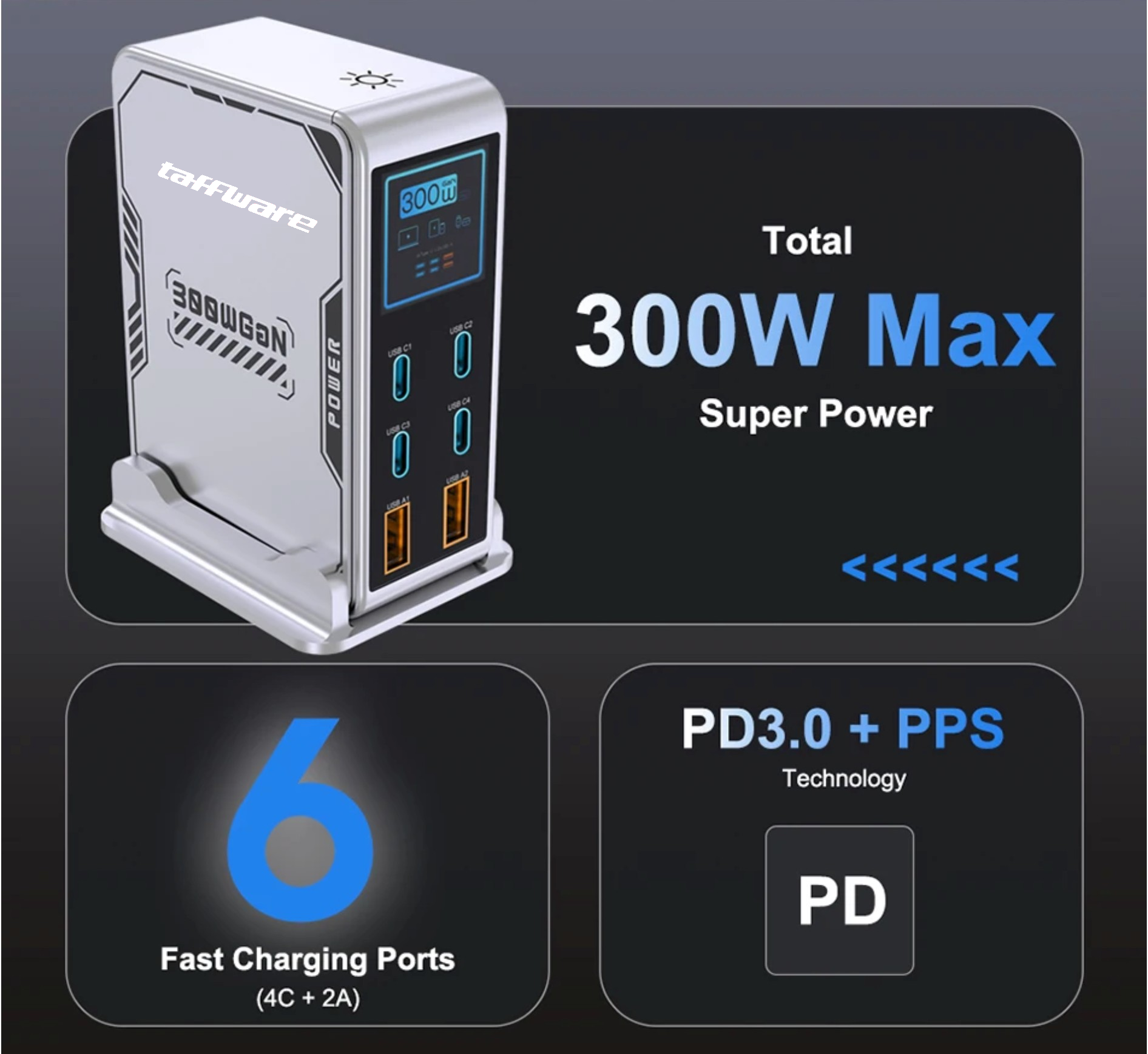 Gambar produk Taffware Charger Station Fast Charging LED USB Type C GaN 300W - BK-122D