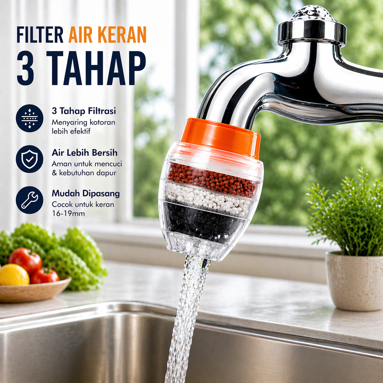 Gambar produk RLHQG Filter Air Keran Karbon Aktif 3 Tahap untuk Faucet 16-19mm - HY-028 - Utama