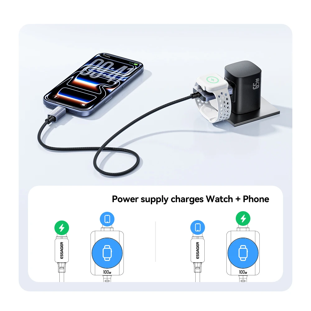 Gambar produk ESSAGER Kabel Data 2in1 Apple Watch Wireless Charger Type C 5A 100W 1M - ES-X82 - 4