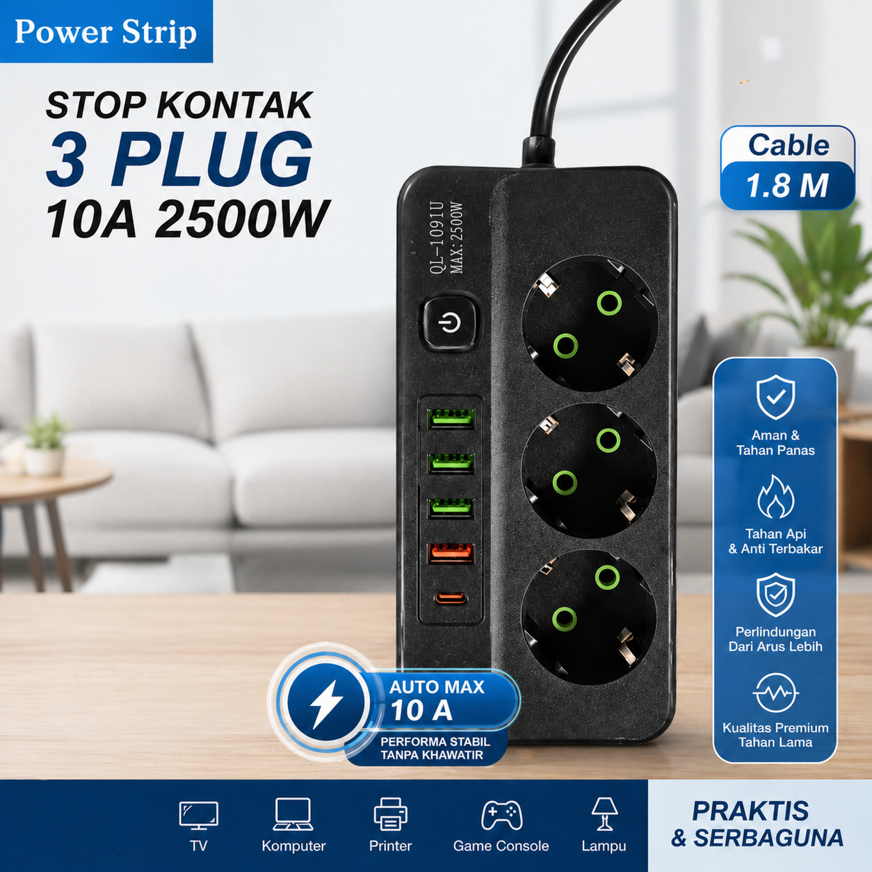Gambar produk QIAOLIAN Stop Kontak Kabel USB Type C 10A 110-250V 2500W 1.8M 3 Lubang - QL-1091U - Utama