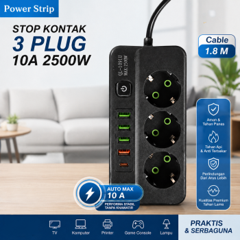 QIAOLIAN Stop Kontak Kabel USB Type C 10A 110-250V 2500W 1.8M 3 Lubang - QL-1091U