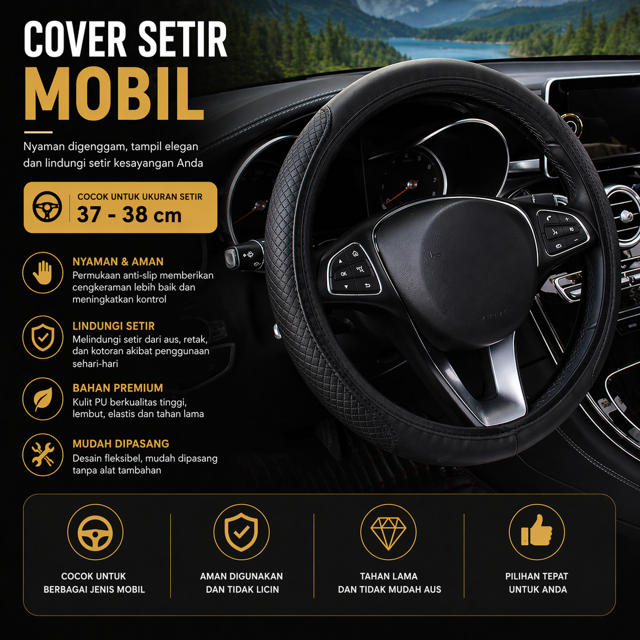 OTOHEROES Cover Setir Mobil Bahan Kulit Steering Wheel Cover - V50 Gambar produk OTOHEROES Cover Setir Mobil Bahan Kulit Steering Wheel Cover - V50 - Utama