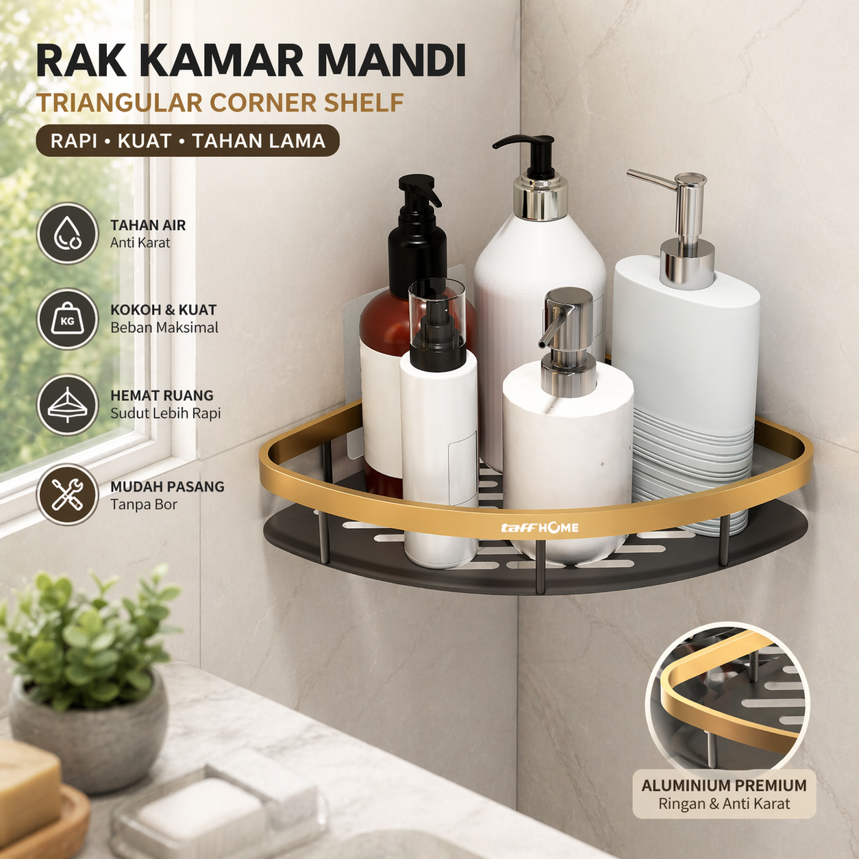 Gambar produk TaffHOME Rak Kamar Mandi Aluminium Triangular Bathroom Corner Shelf - RG2A - Utama