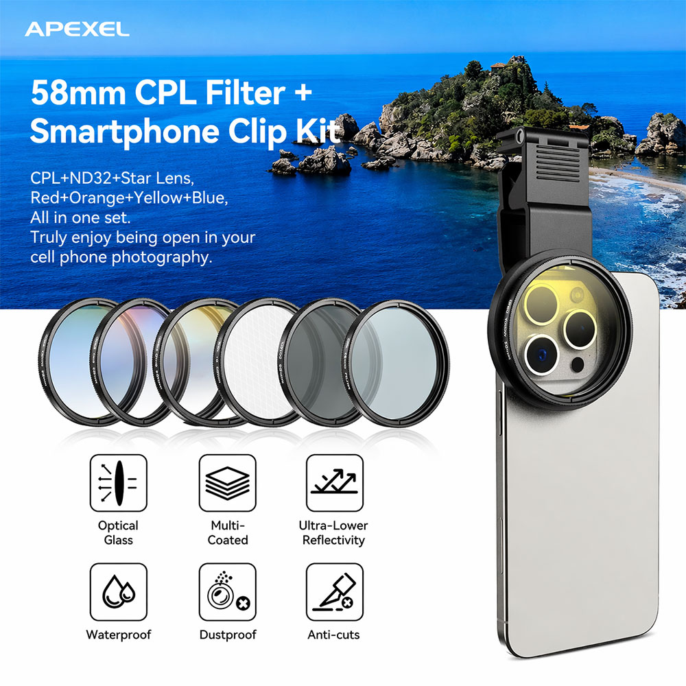 Gambar produk APEXEL Lensa Filter Kamera Smartphone 7in1 HD Glass with Clip 58mm - APL-58FL7