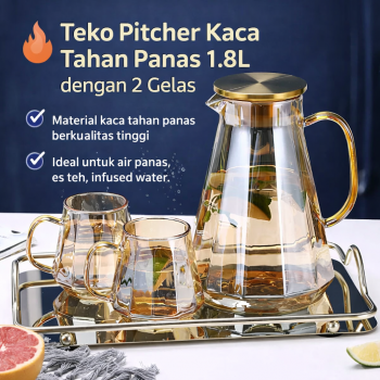 BORREY Teko Pitcher Kaca Tahan Panas Api Water Jug 1.8L with 2 Cups - FG55