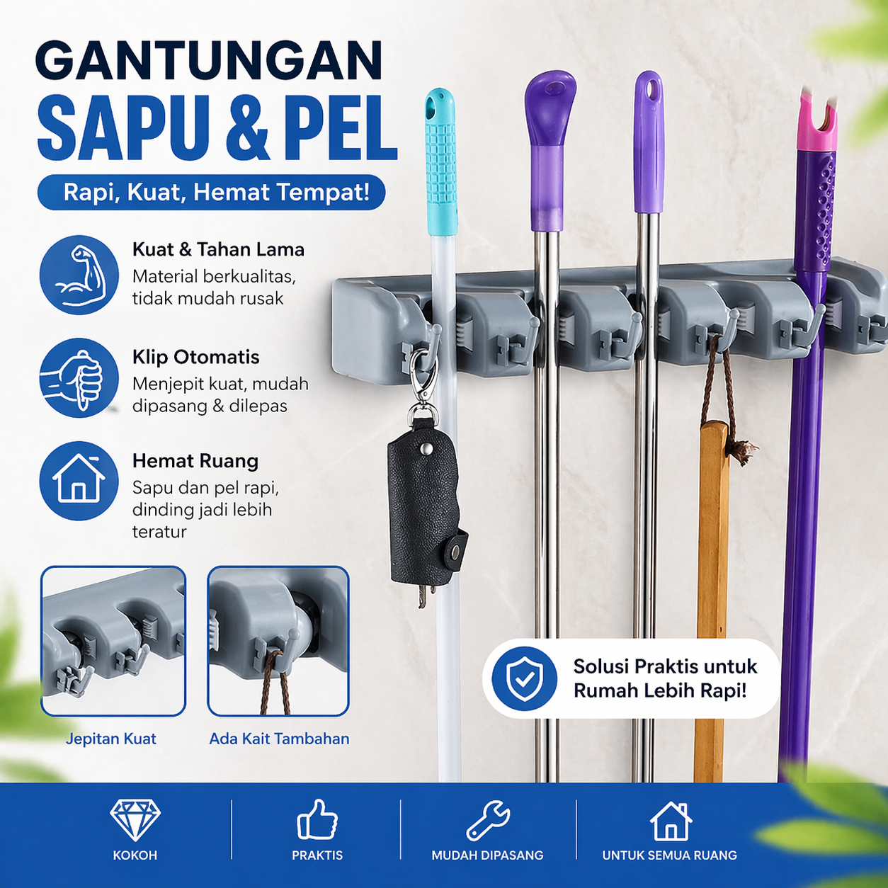 Gambar produk ORAIN Gantungan Sapu Kain Pel Broom Storage Rack Hook Wall Mounted 5 - OR312