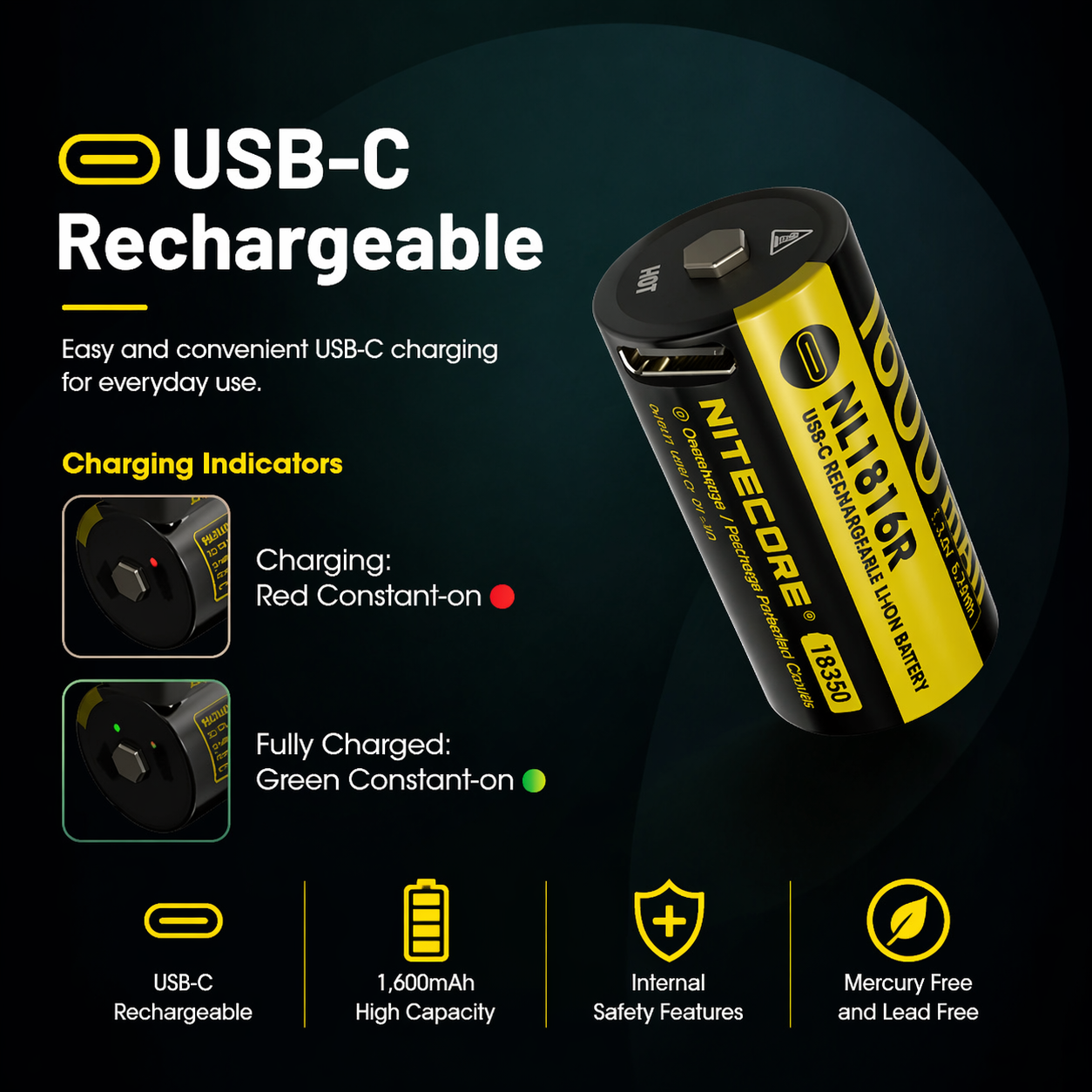 Gambar produk NITECORE Baterai Isi Ulang 18350 Li-Ion Button Top 1600mAh 3.6V 1 PCS - NL1816R